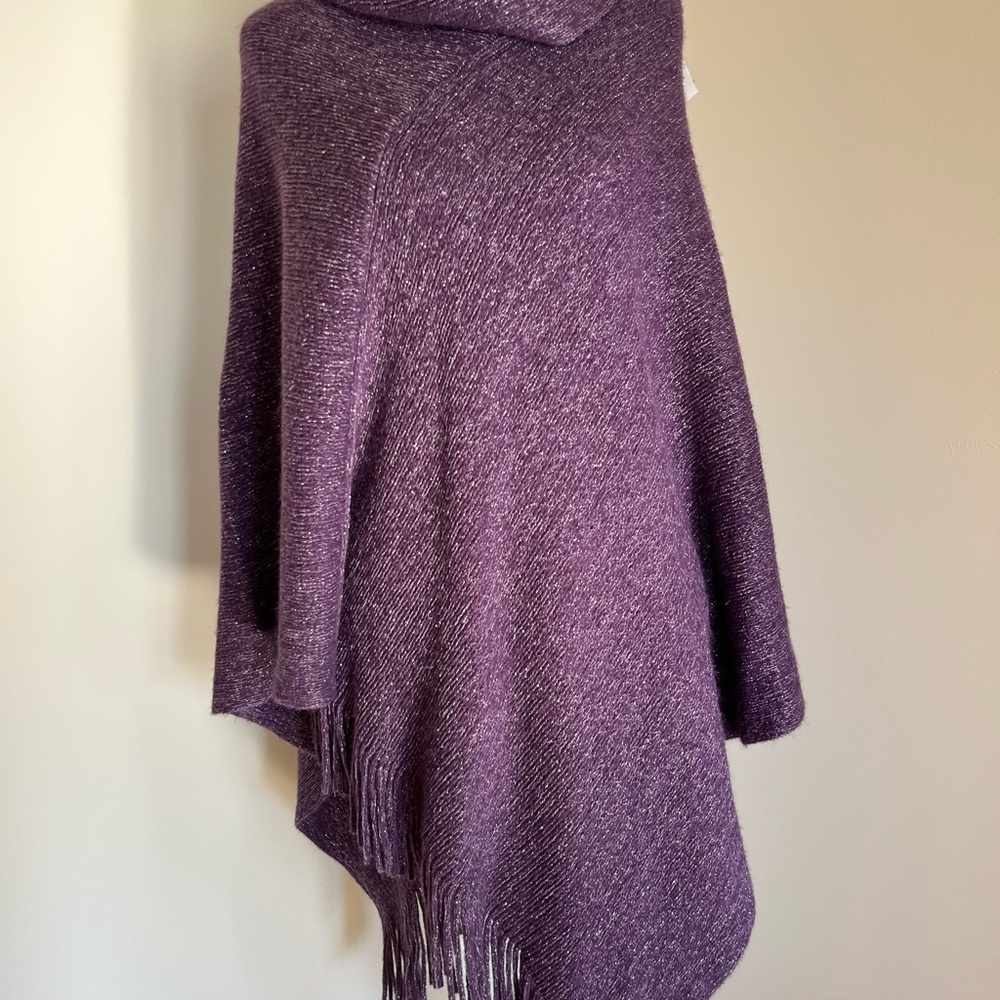 Chico's Purple & Silver Metallic Cowl Neck Poncho with Fringe OS - Picture 2 of 9